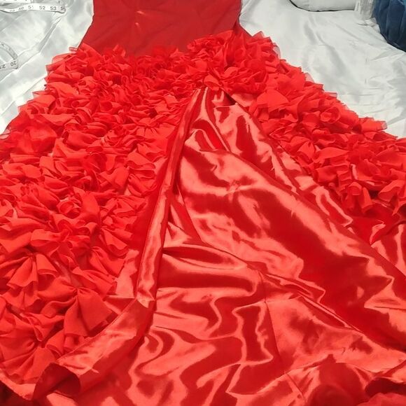 NWT Dana Mathers D1107B One Shoulder Flamenco Prom Slit Bright Red Dress 10 - Picture 6 of 9